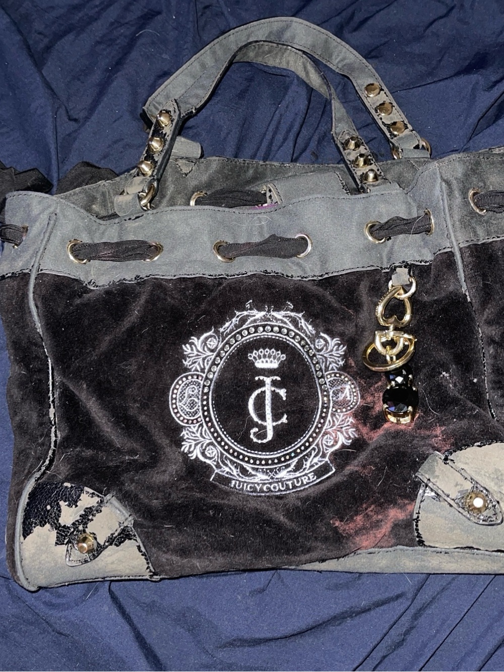 Juicy Couture Black Velvet Tote with Gold Charm Accents